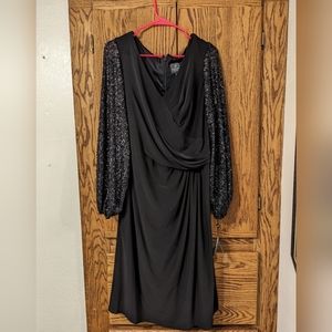 *NWT* Adriana Papell Black Long Sleeve Sequined Draped Jersey Cocktail Dress